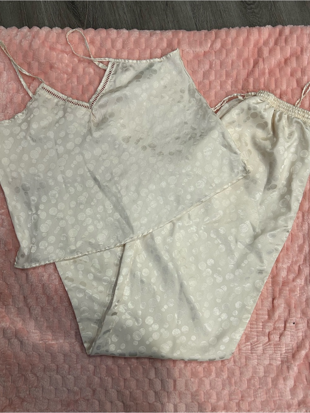 Silky Cream Dot Satin Cami & Pant Sleep Set